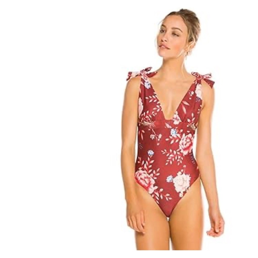 Agua Bendita Paige Aura Floral Crane One Piece Swimsuit Burgundy XL NWT Boho